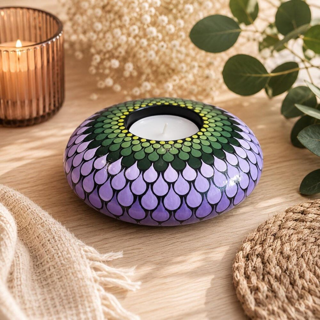 Bougeoir mandala vert &amp; violet en plâtre résine – Peint à la main
