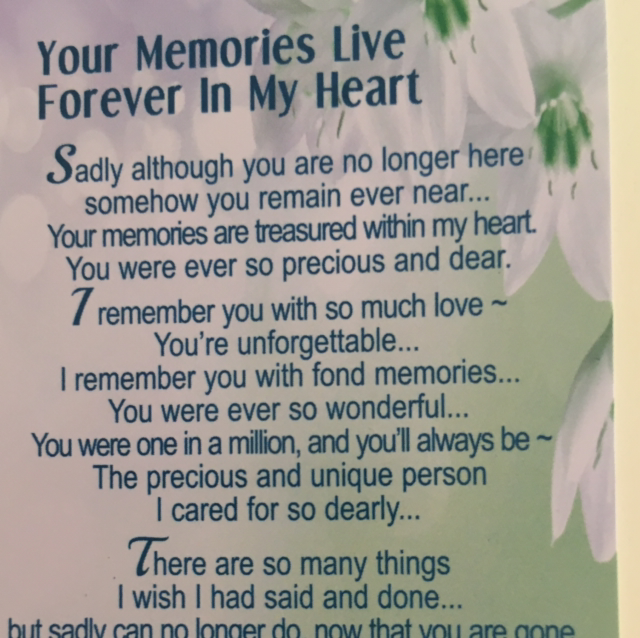 Special Thoughts Poems Your Memories Live Forever in my Heart. (Credit Card Size)