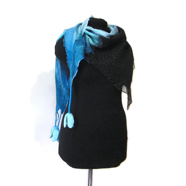 Scialle turchese nero Bactus lana merino seta feltro Fatto a mano Sciarpa infeltrito infeltrimento fiori donna Scialle Regalo unico ragazze