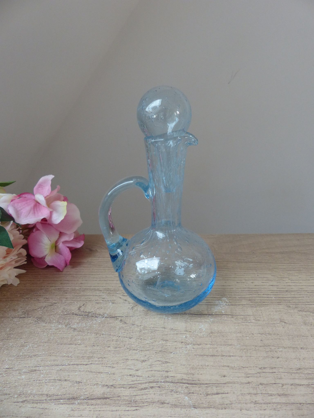 Ensemble Huilier et Vinaigrier en Verre Bullé Soufflé – Verrerie de Biot – Artisanat Français Signé – Bleu Aqua Vintage – Décoration Table