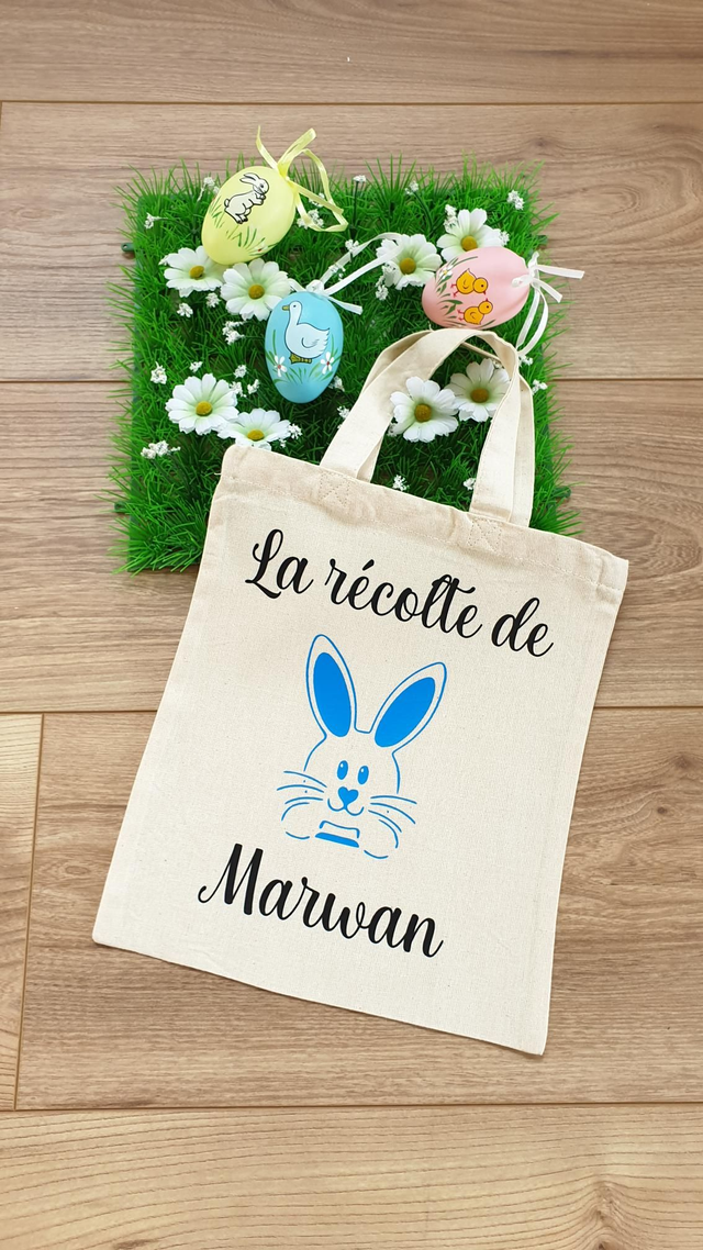 Sac de pâques lapin bleu écriture noire