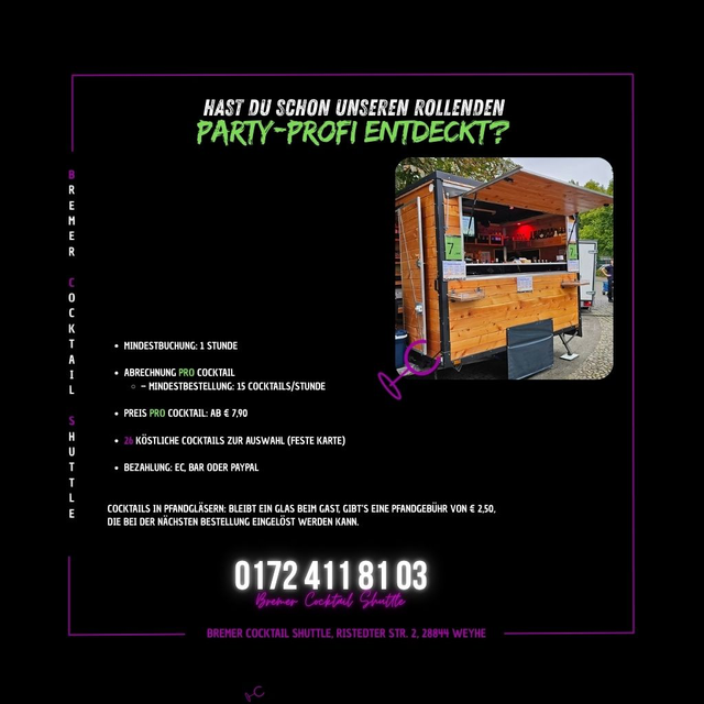 Barwagen für 3 Std + Cocktailverzehr