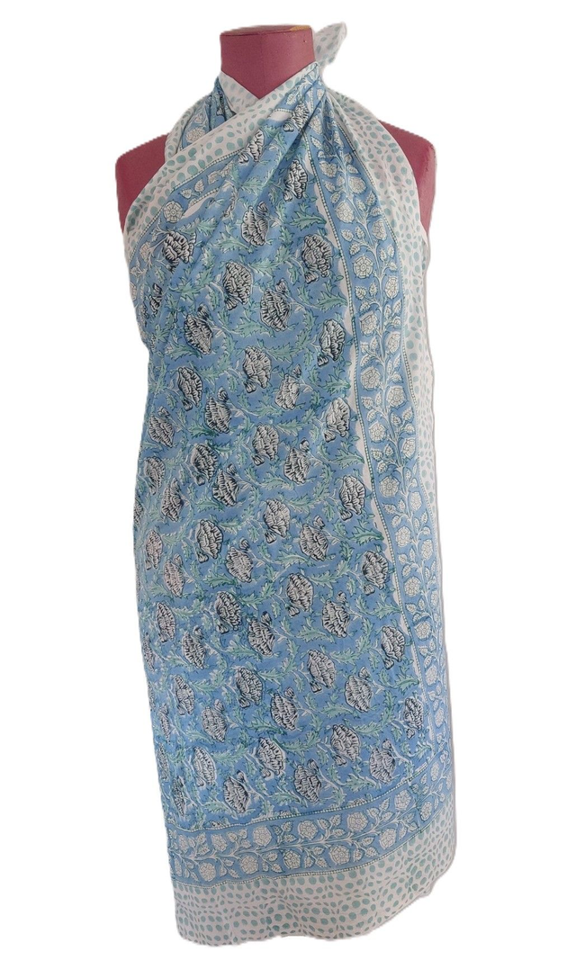 Paréo de plage en coton indien imprimé à la main – Motif floral bleu, vert et blanc – Étole & châle bohème 