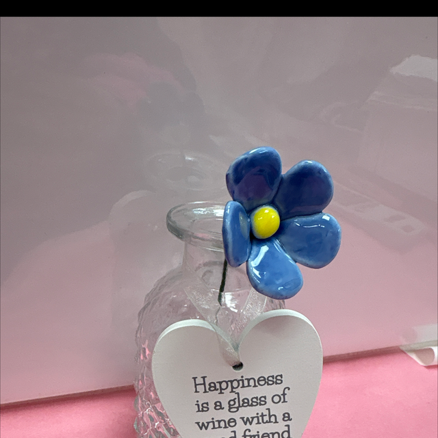 Happiness is a glass of wine and a good friend vase with ceramic flower