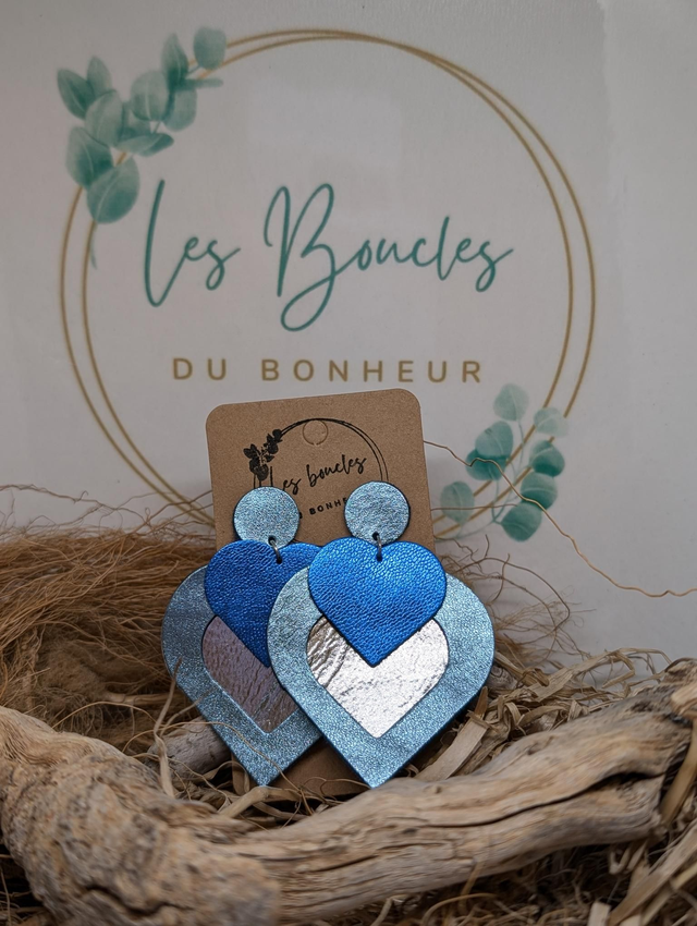 Boucles d&#039;oreilles Double coeur  bleu argenté dc039