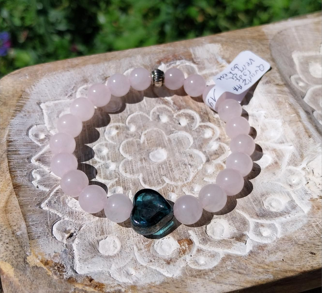 Bracelet Quartz rose et perle "coeur" en verre de bohême