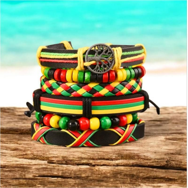 Rasta Style Beaded & Leather Bracelet Set | Fashion Jewellery