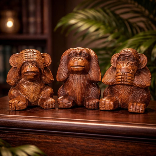 Les 3 Singes de la Sagesse en bois sculpté à la main