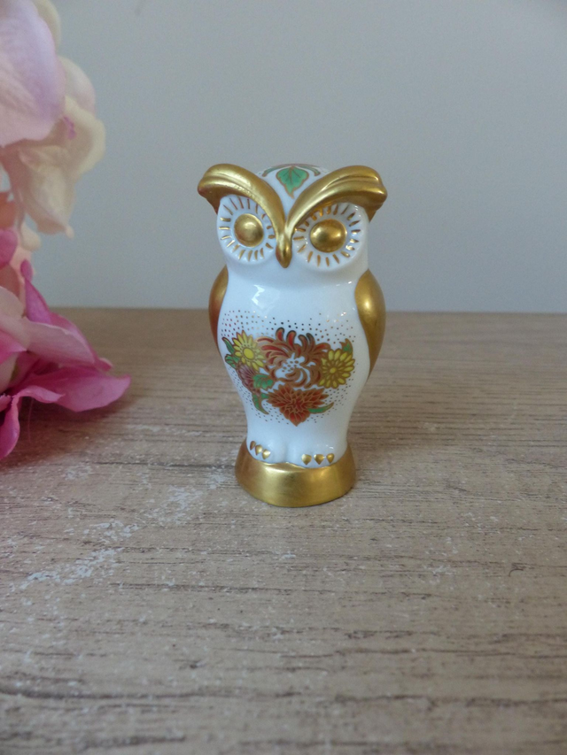 Rare figurine vintage hibou doré en porcelaine blanche décor fleuri, figurine miniature hibou Franklin Mint The Collectors Treasury of Owls