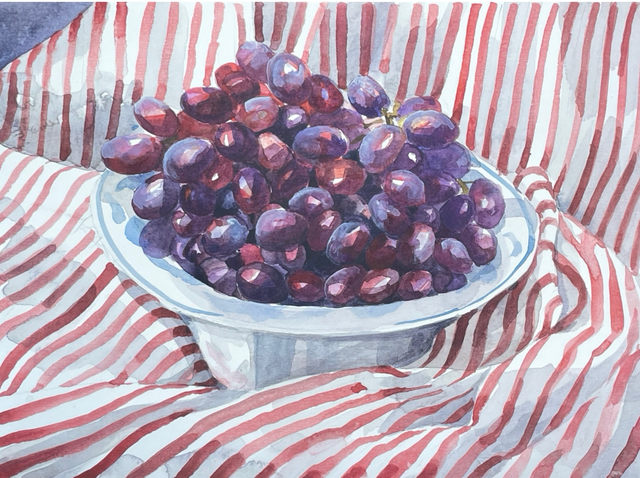 DB79 Grapes in a Blue Bowl by Deb Bunker, 40x50cm Watercolour