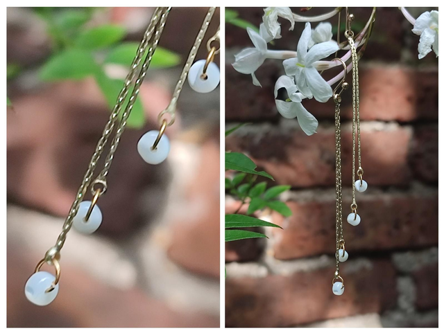 Boucles d&#039;oreilles en nacre longues, acier inoxydable doré -sans nickel, pièce unique 