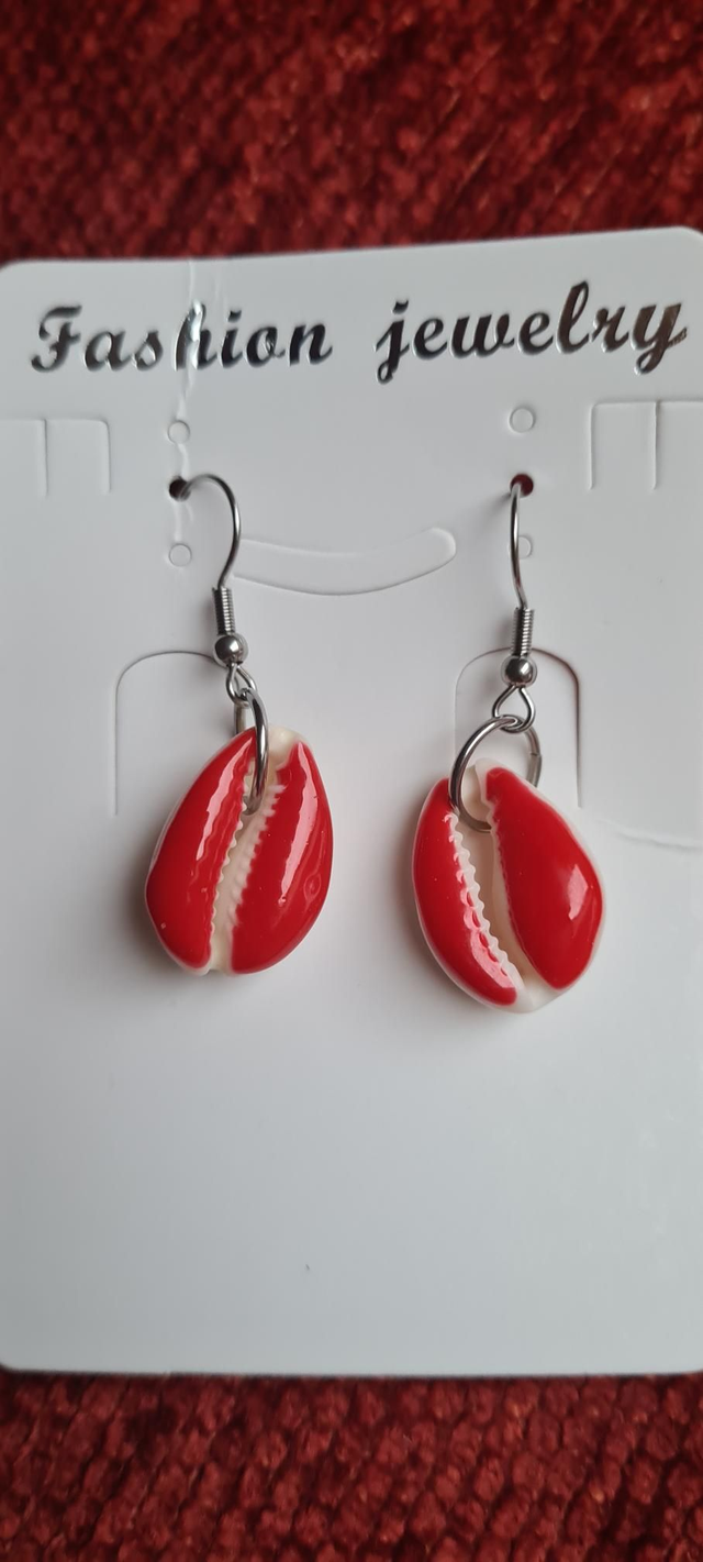 Cowrie Shell Earrings Red Enamel Silver Hooks