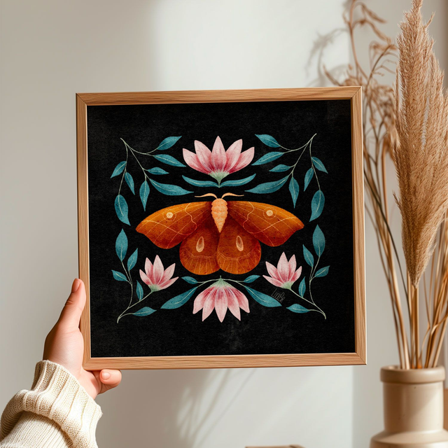 Affiche carrée illustrée 21 cm "Papillon sur fond noir" 