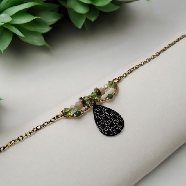 Bracelet acier inoxydable vert kaki noir et doré