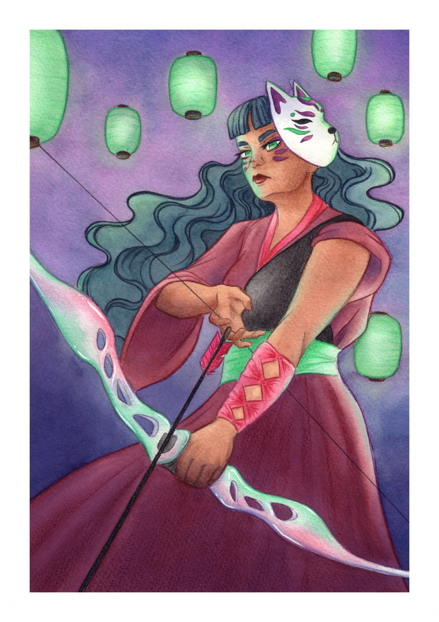 Carte aquarelle - Archère Kitsune