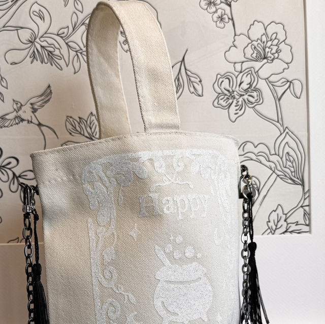 Mini tot bag en toile &quot; Happy Witch&quot;, écru