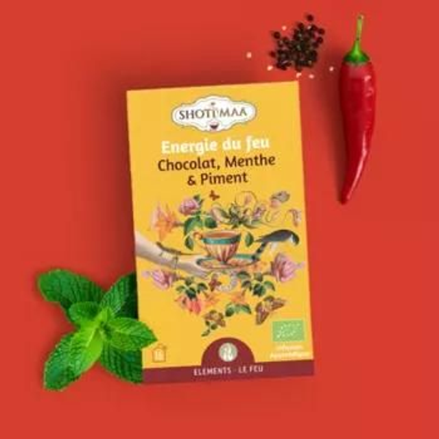 Tisane bio &quot;Énergie du feu&quot; Chocolat, Menthe, Piment