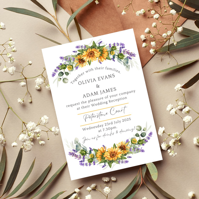Sunflower and lavender A6 invitations - perfect for evening reception or wedding invites!
