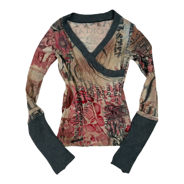 Y2K V-neck mesh and knitted long-sleeve top S/M