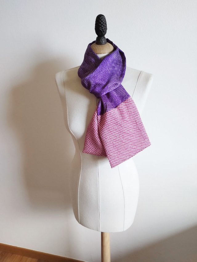 Violet and Red Violet Color Vintage Japanese Kimono Scarf, Silk Shibori Squeeze Pattern Shawl, Gift for her