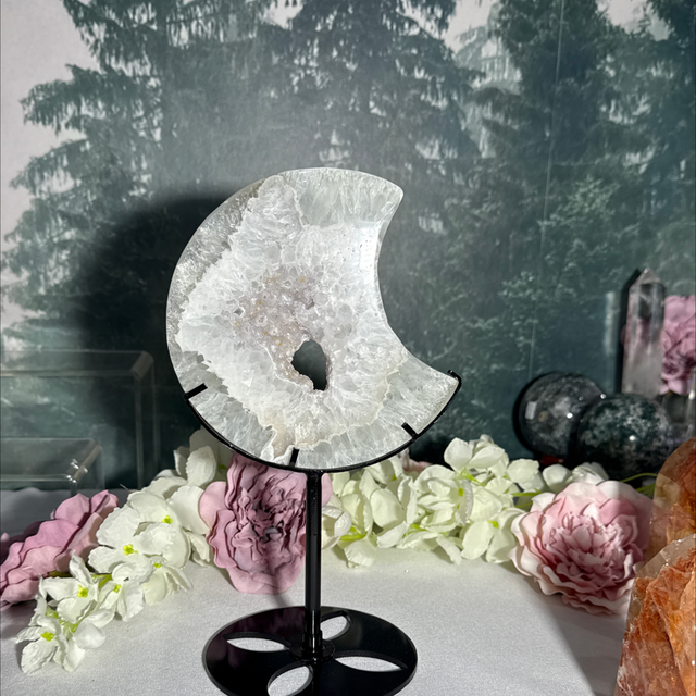 Large druzy agate moon on custom stand