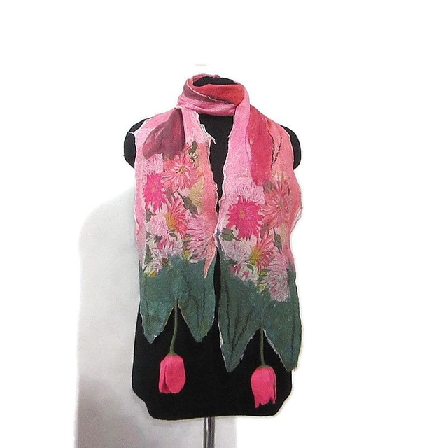Sciarpa feltro di lana seta Sciarpa rosa lunga calda Sciarpa da donna fiori infeltrimento fatta a mano regali unici per le donne