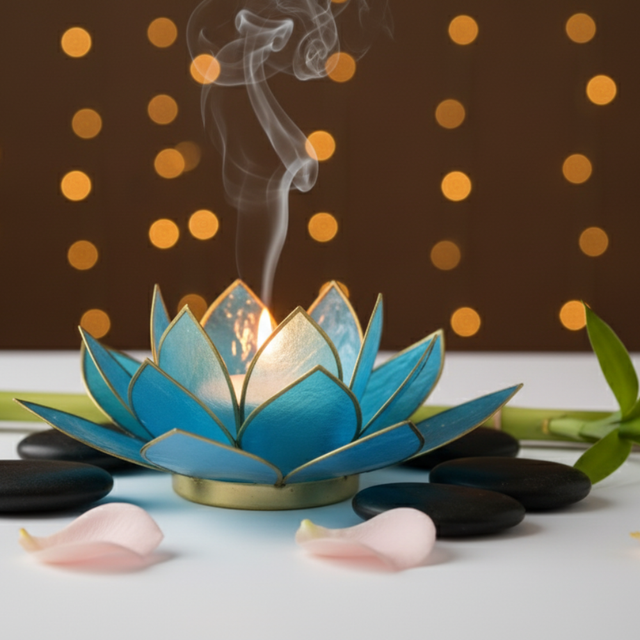 Photophore naturel Lotus - Bleu Turquoise