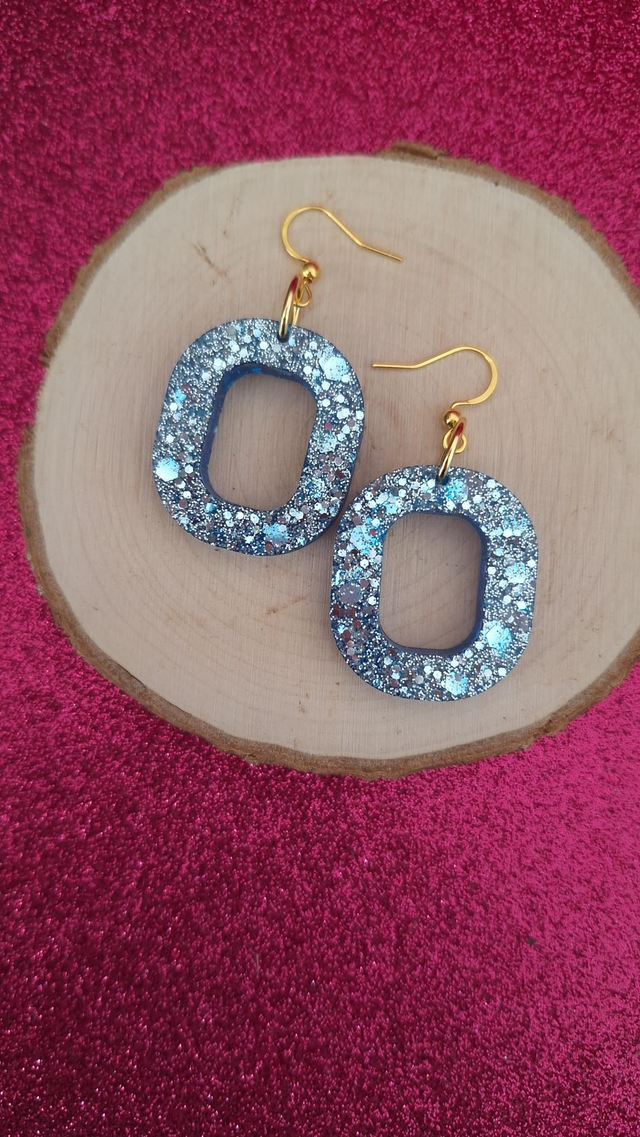 Boucles d'oreilles ovales bleus/paillettes argentées 
