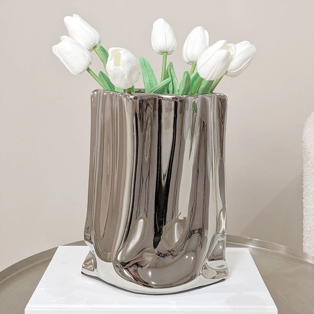 Vega Paper Bag Style Silver Ceramic Vase