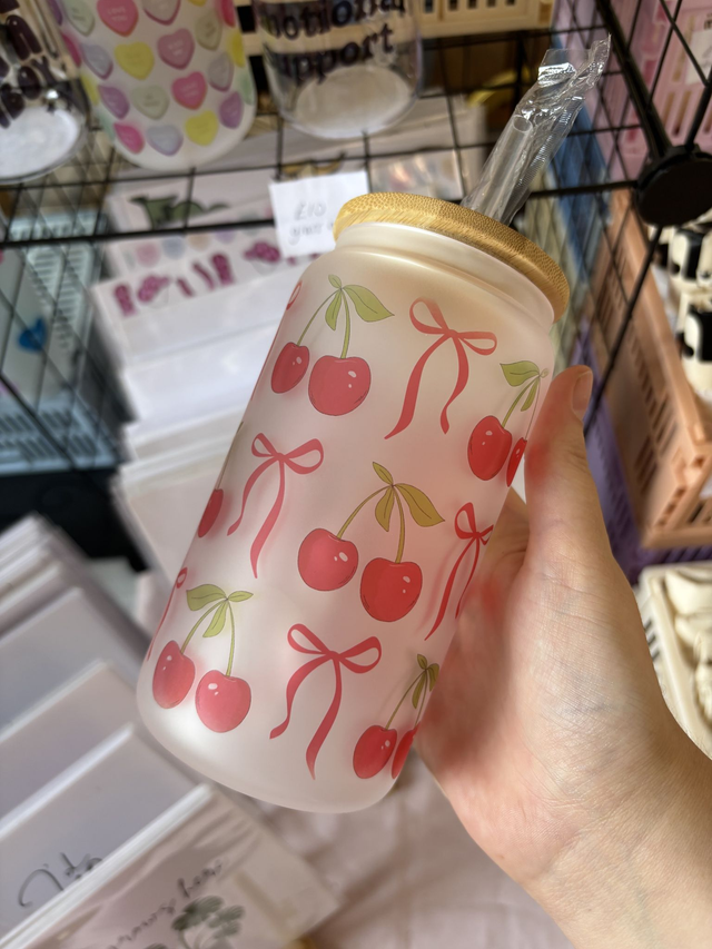 Cherry Sweetheart - Glass Tumbler with Bamboo Lid and Reusable Straw