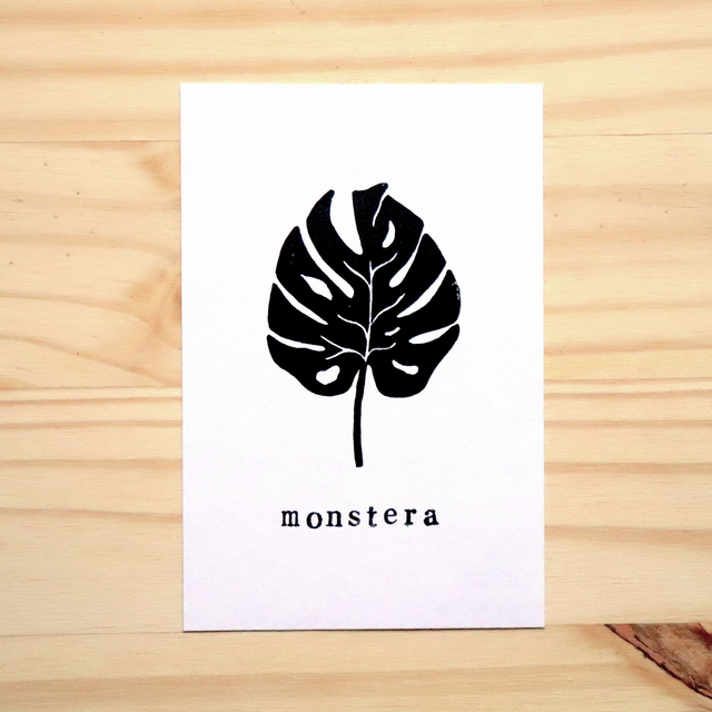 Linogravure A6 feuille de Monstera Deliciosa