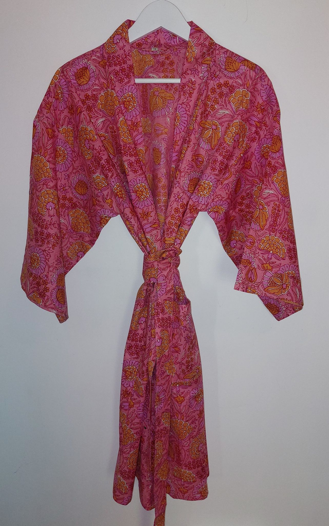 Robe kimono en coton, peignoir, robe de chambre, imprimé à la main, motif floral rose et orange, L.100cm  