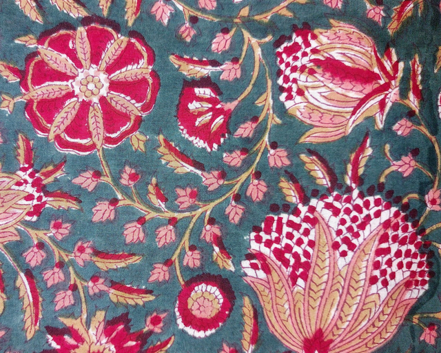 Grand sac cabas vert, rouge, rose en coton imprimé à la main au block print - Doublure en coton rayé - Tote bag - Confectionné en Inde