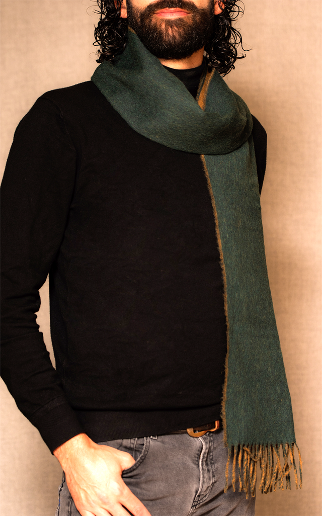 Scarf, 100% Baby Alpaca, double faced, green/mustard