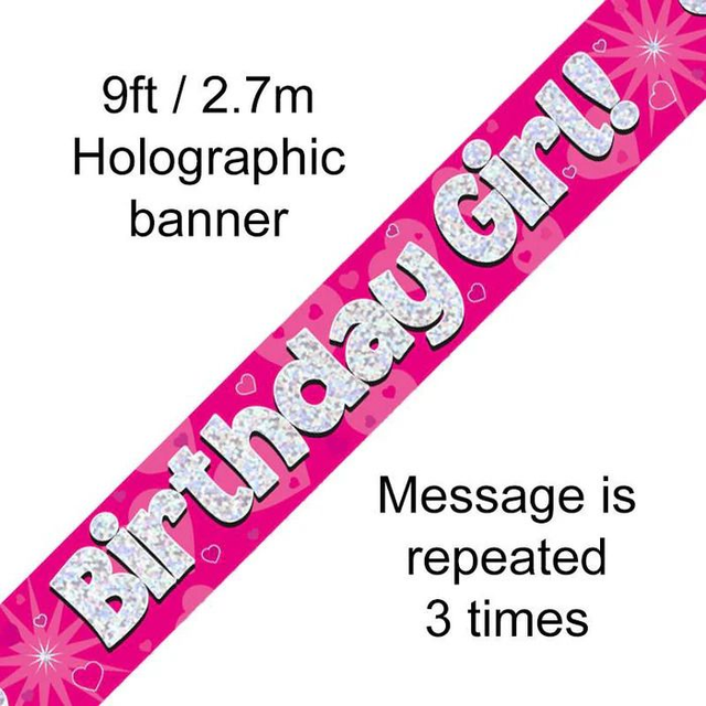 9FT BANNER BIRTHDAY GIRL PINK HOLOGRAPHIC