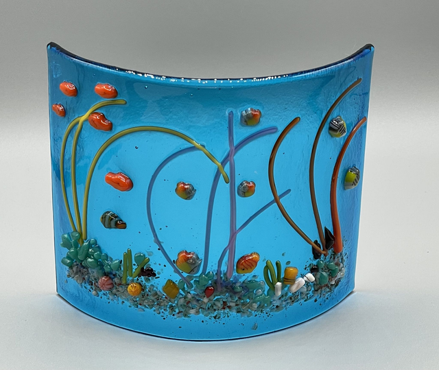 Underwater Tropical Fish Fused Glass Scene on Turquoise