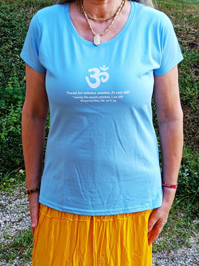 T-Shirt Femme, avec OM indien, en coton, Bleu ciel, Tailles L ou XL