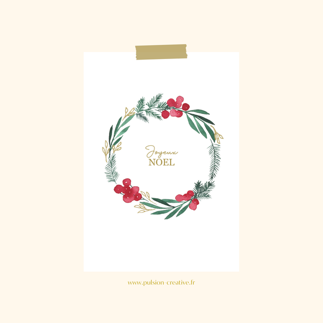Carte de voeux aquarelle - Couronne Joyeux Noël 