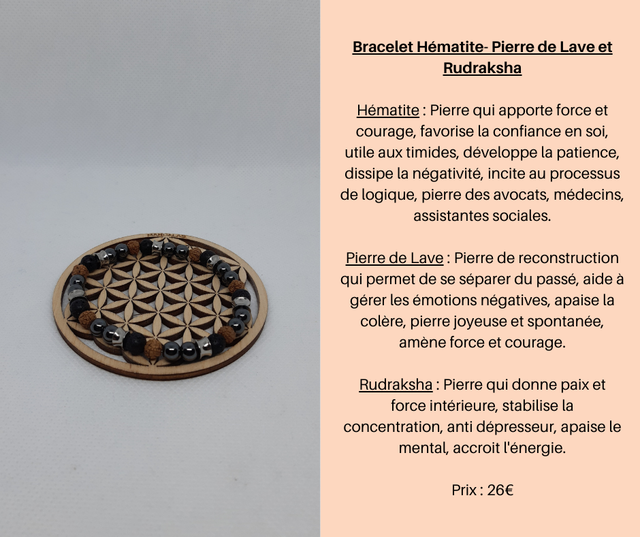 142- Bracelet Hématite- Pierre de Lave et Rudraksha