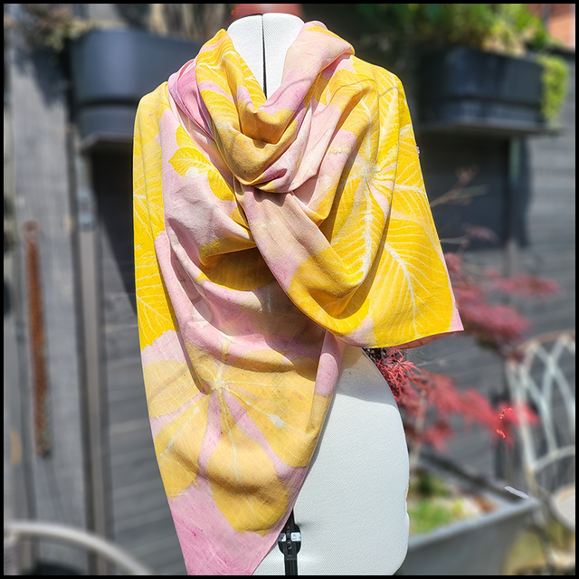Organic Cotton Pashmina - eco-printed with horse chestnut, sycamore and ash leaves - wrapped in a cochineal blanket