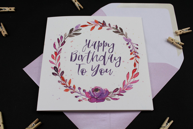 Purple Floral Wreath Happy Birthday Card