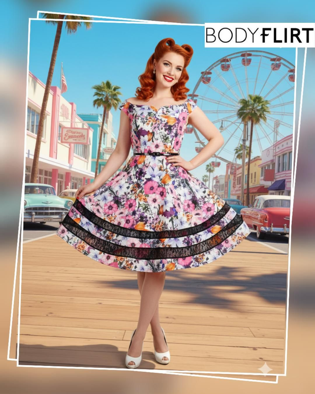 Robe Bodyflirt Pink &amp; white Floral Carmen Neckline Spanish T50/52