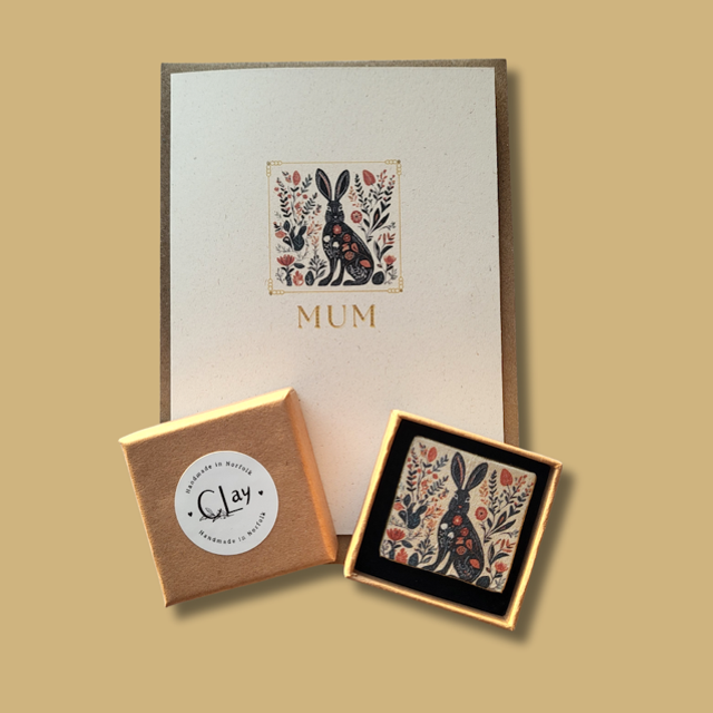 Hare Card &amp; Brooch Gift Set for Mum