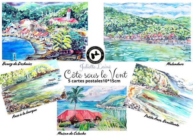 Lot 5 cartes postales aquarelle "côte sous le vent"