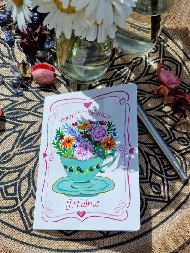 -Carte tasse fleuri- (avec enveloppe)
