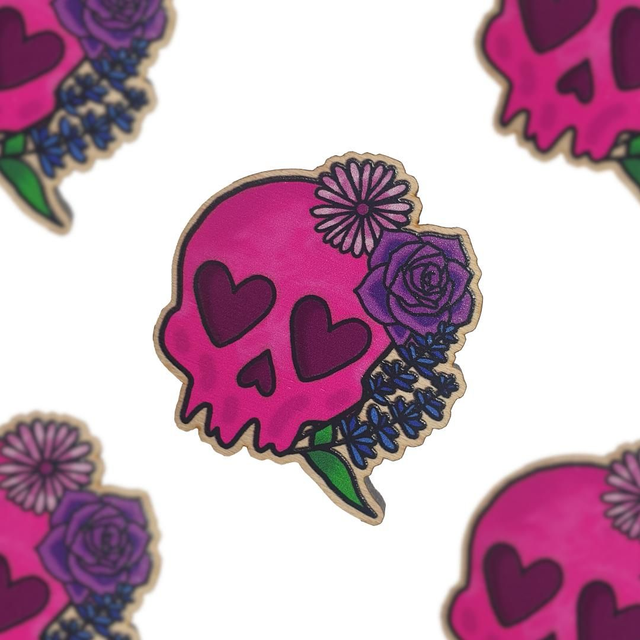 Pink Floral Skull Wooden Pin Badge