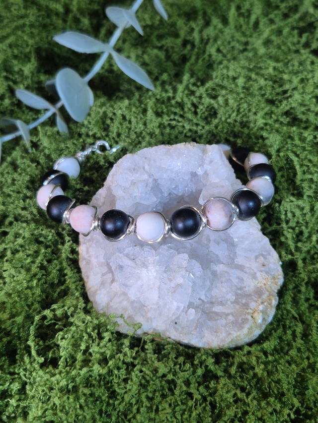 Sceau du Silence – Onyx &amp; Pierre de Lune Rose – Collection Tissage Sacré