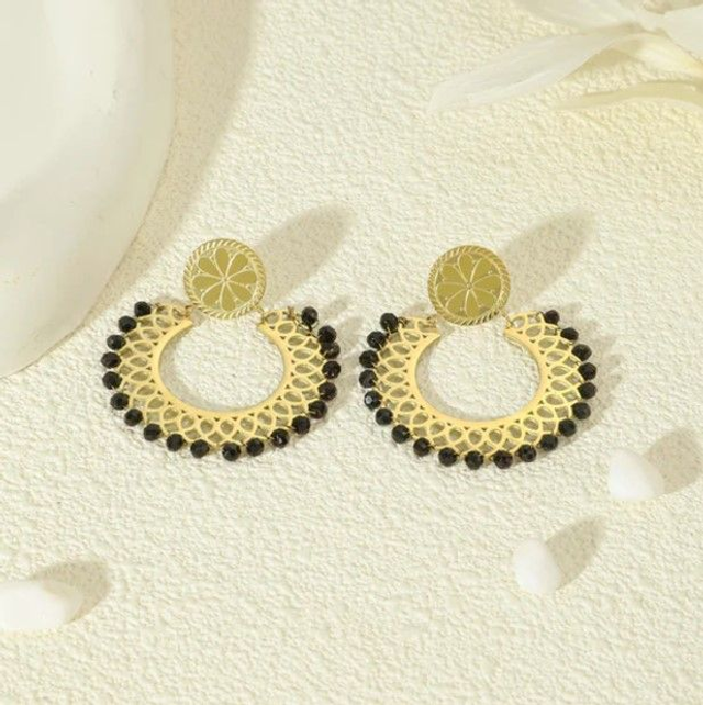 Boucles D'oreilles" Eclat" Dorées Cercle Cristaux Noirs en acier inoxydable