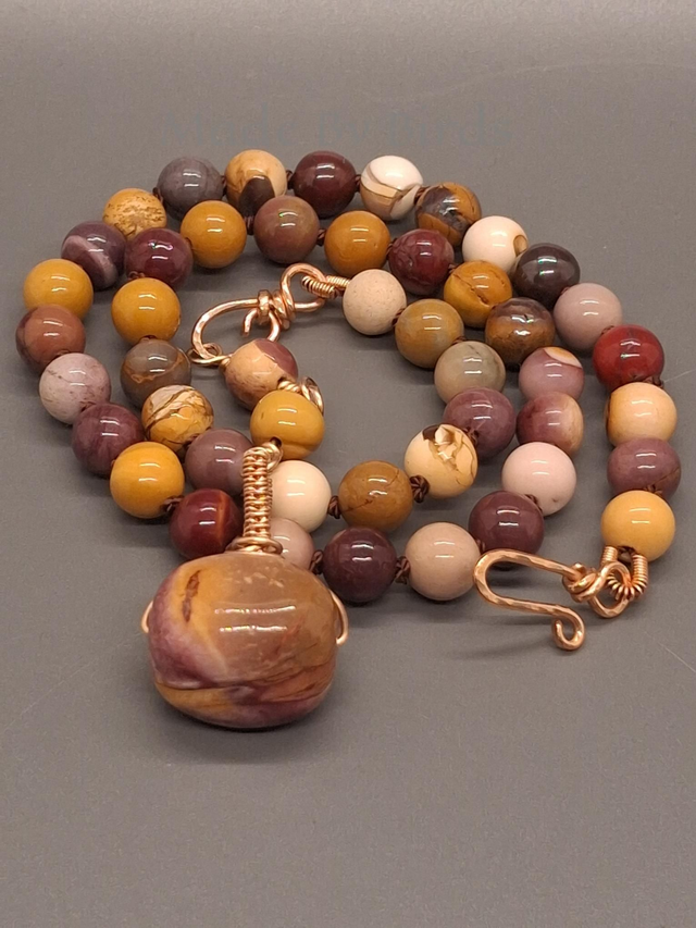 Mookaite Hand Knotted Necklace With Wire Woven Element And Large Feature Bead 