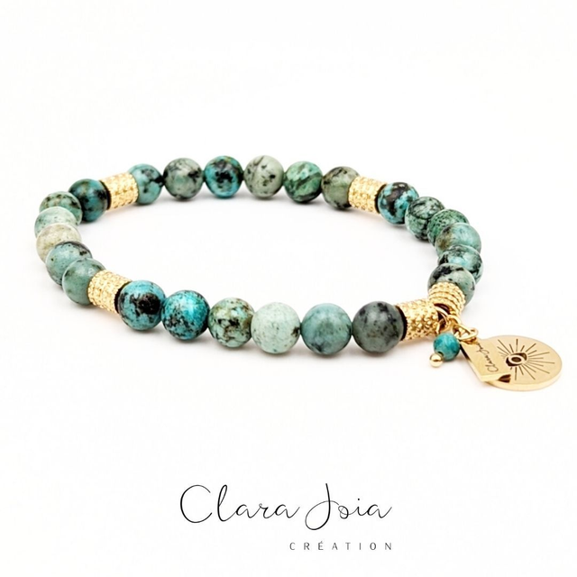 🧿 Bracelet Turquoise africaine &amp; Acier doré – Protection énergétique